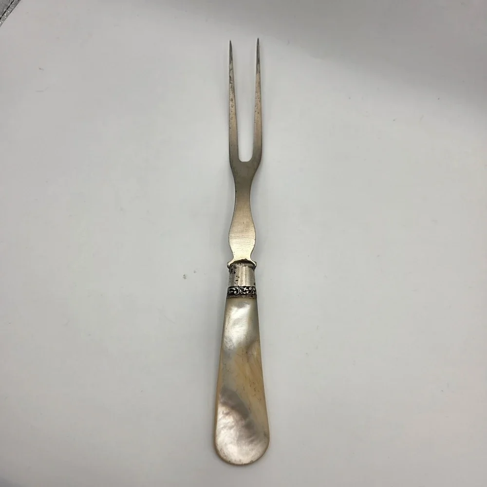 Antique Mother of Pearl Handle Meat Fork‎ Ornate Silver Ferrule Serving 2-Tine